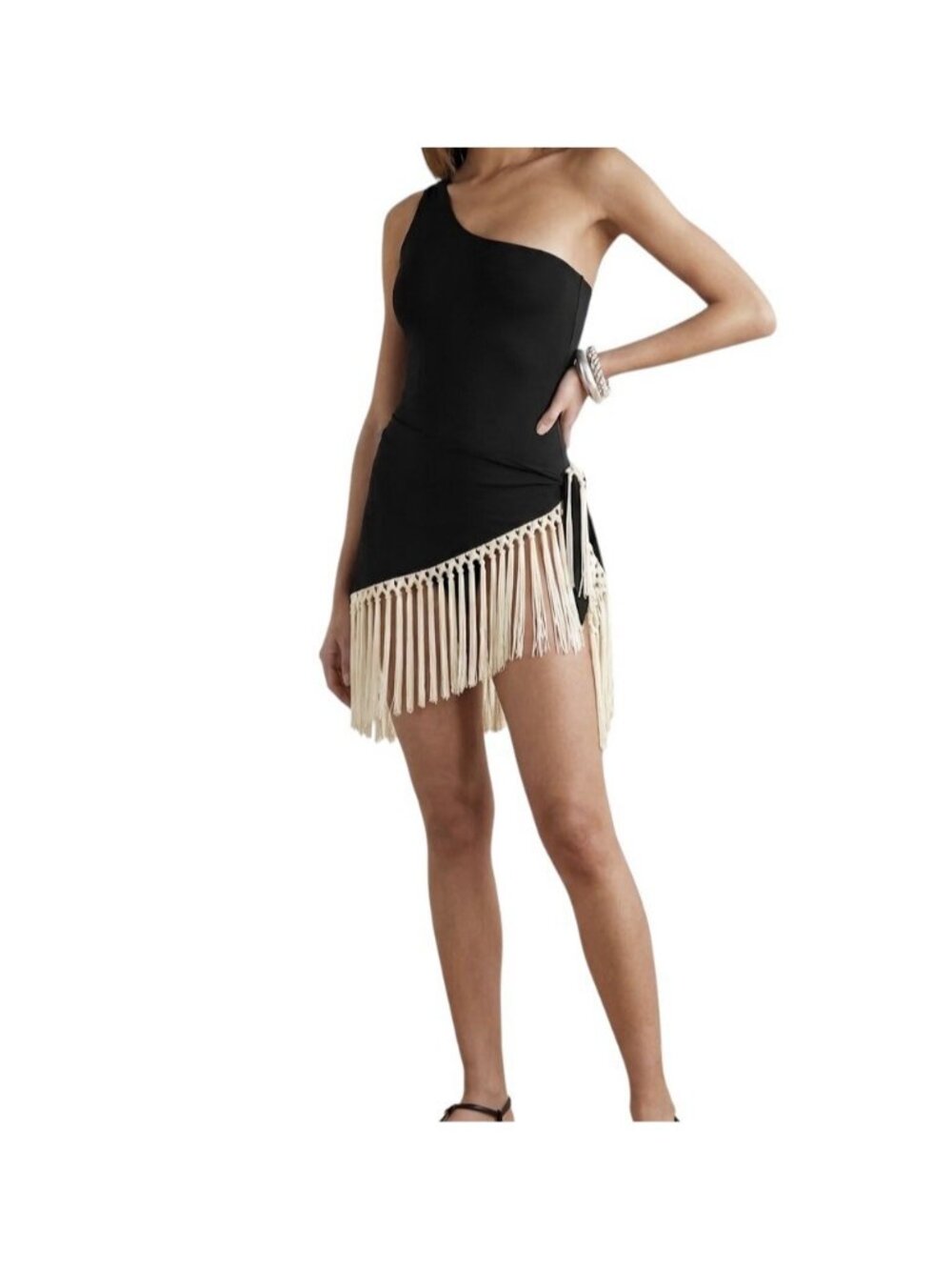 NWOT Taller Marmo Lido Fringed Pareo Wrap Skirt Swim Cover Up Black Ivory Sz M